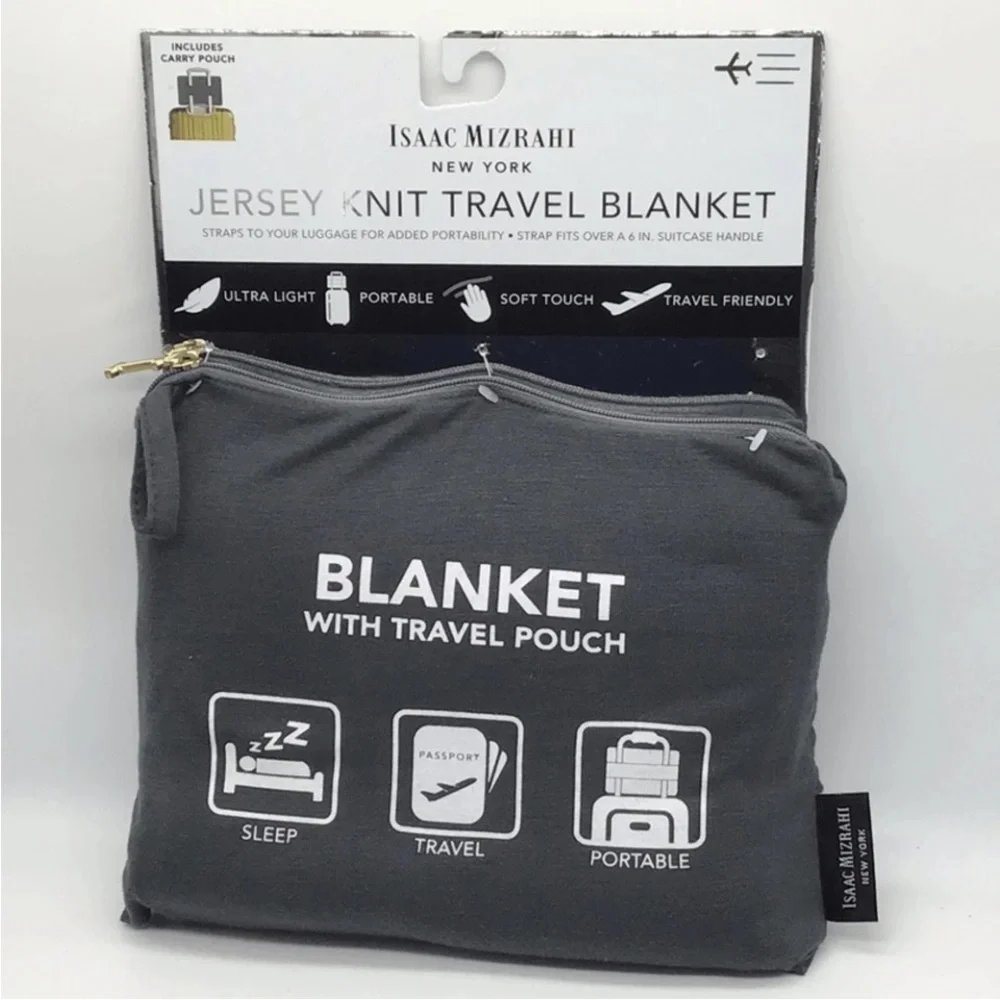 Isaac Mizrahi Travelers 2 Piece Set Knit Blanket + Bag Gray Tan Black Modern NEW